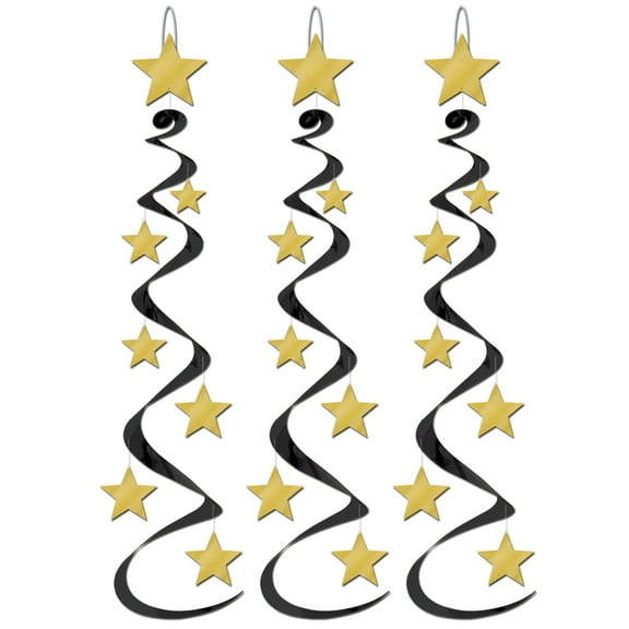 Black and Gold Star Whirls, 30", (6/Pkg)