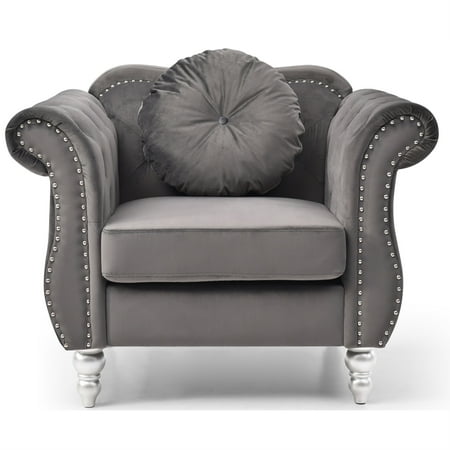 Passion Furniture Hollywood Dark Gray Chesterfield Tufted Velvet Accent Chair with Round Throw Pillow