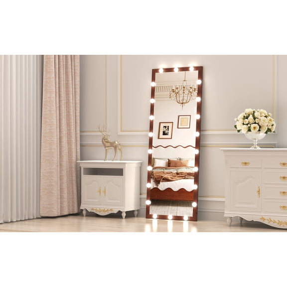 Hollywood Full Length Mirror with Lights Full Body Vanity Mirror with 3 Color Modes Wall Lighted Standing Floor Mirror for Dressing Room Bedroom Hotel Touch Control walnut 62.6"x23.3"