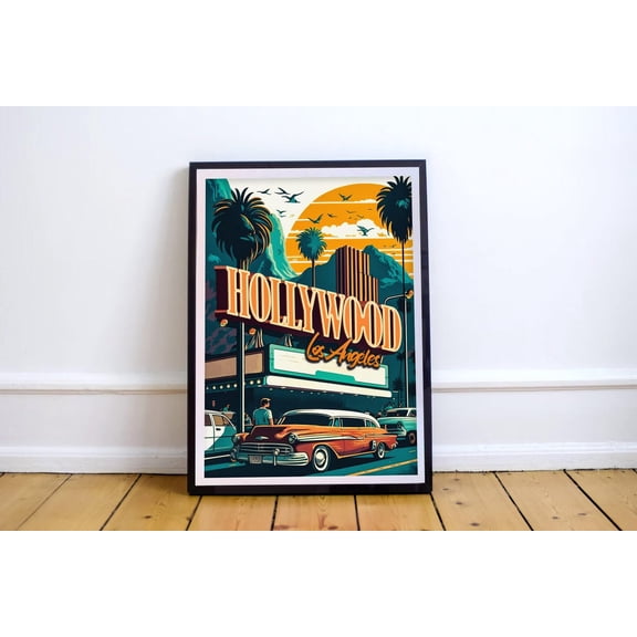 Hollywood Los Angeles Retro Travel, World Travel Art, Vintage Colorful Wall Art, Boulevard Sunset Strip Wall Decor, #3133, Unframed Poster Size 8x12