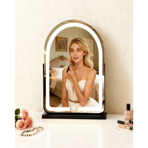 Hollywood Makeup Mirror 3-Color Dimmable LED Lights Vanity Mirror Wide Arch Design, USB Powered Bedroom Dressing Table(Black; X Large-59*42cm)