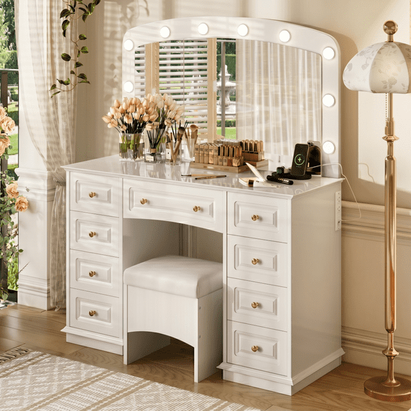 Hollywood Makeup Vanity with Lighted Mirror 10 Bulbs, 3 Color Modes, Dressing Table with 9 Drawers and Cushioned Stool, White