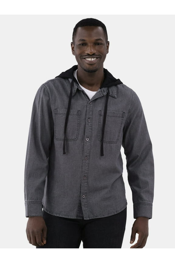 Men's Denim Button Up Hooded Shacket with Long Sleeves, Sizes S-XL