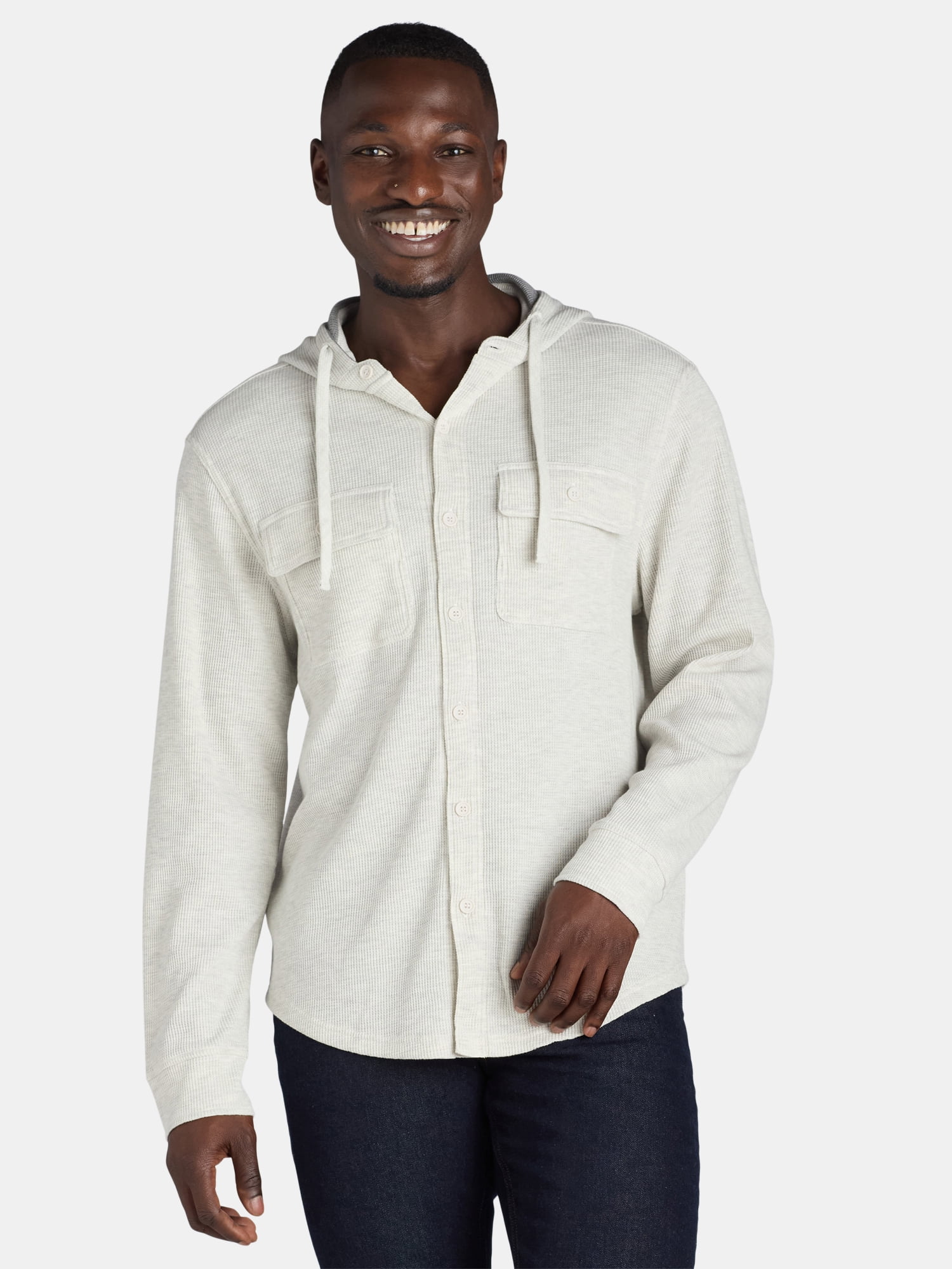 Hollywood Men's Thermal Button Up Hoodie with Long Sleeves, Sizes S-XL