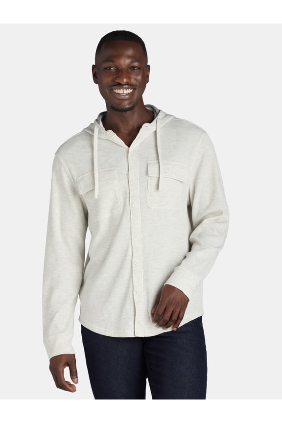 Men's Thermal Button Up Hoodie with Long Sleeves, Sizes S-XL