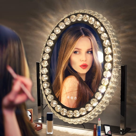 Hollywood Oval Crystal Vanity Mirror with Lights 3 Color Dimmable Large Oval Crystal Lighted Makeup Mirror for Tabletop Desk Vanity Mirror with Lights 360°Rotation Smart Crystal Oval LED Makeup Mirro