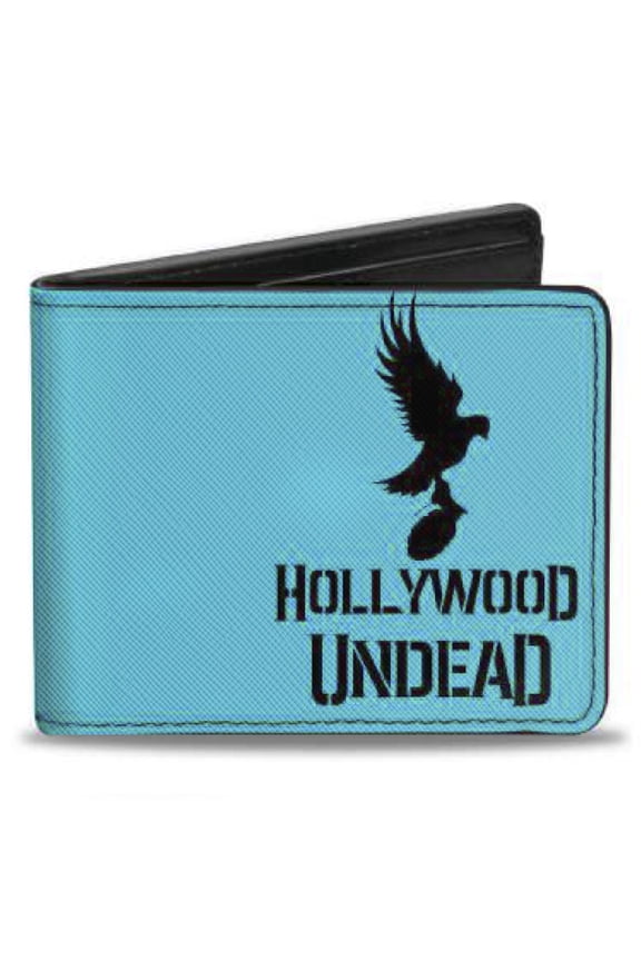 Hollywood Undead Wallet, Bifold, Hollywood Undead Text Logo Dove and Grenade Icon Teal Black, Vegan Leather