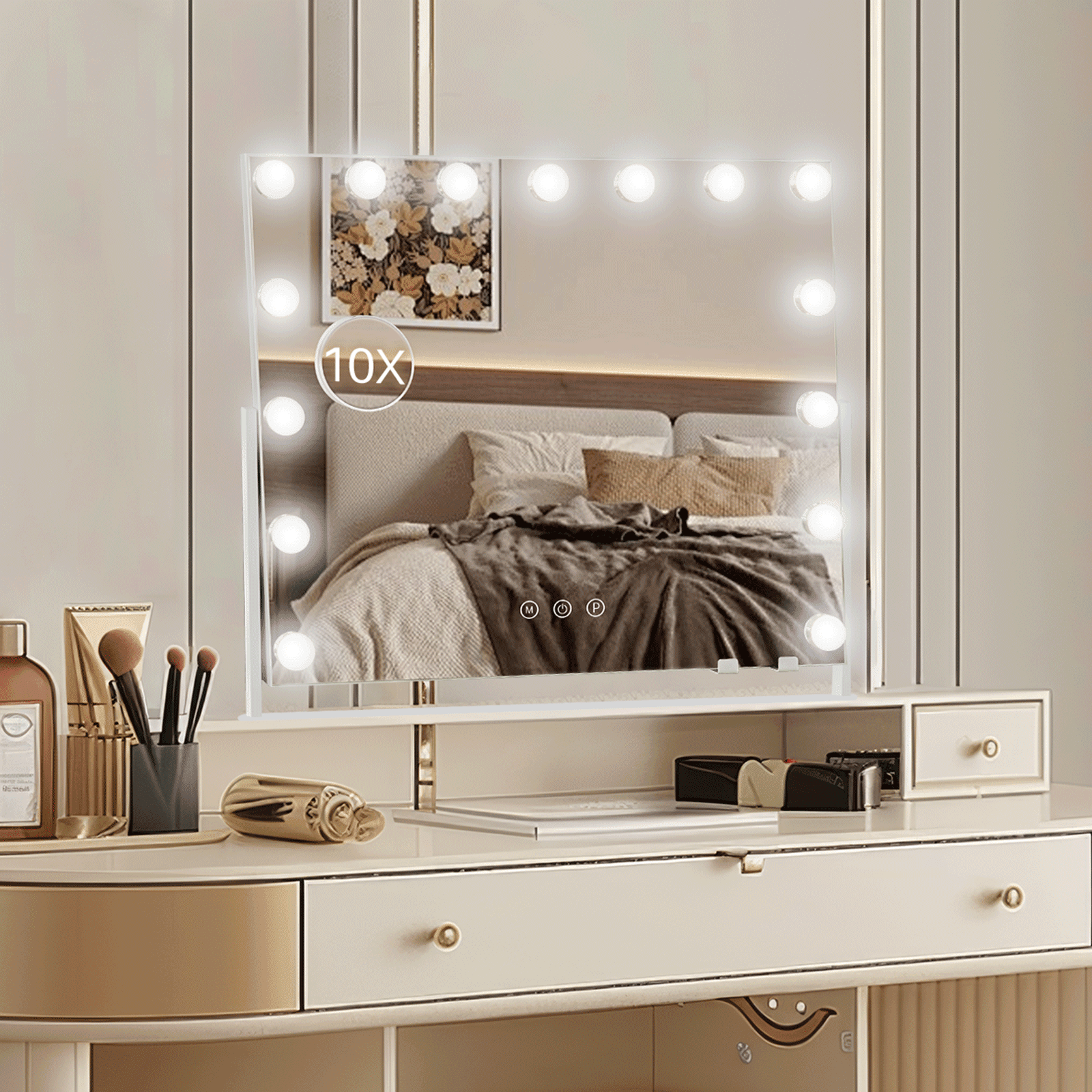 Redlife Hollywood Vanity Mirror with 15 LED Bulbs, 22'' x 19" Makeup Mirror with 5X Detachable Magnification, 3 Color Temperature Adjustable Lights