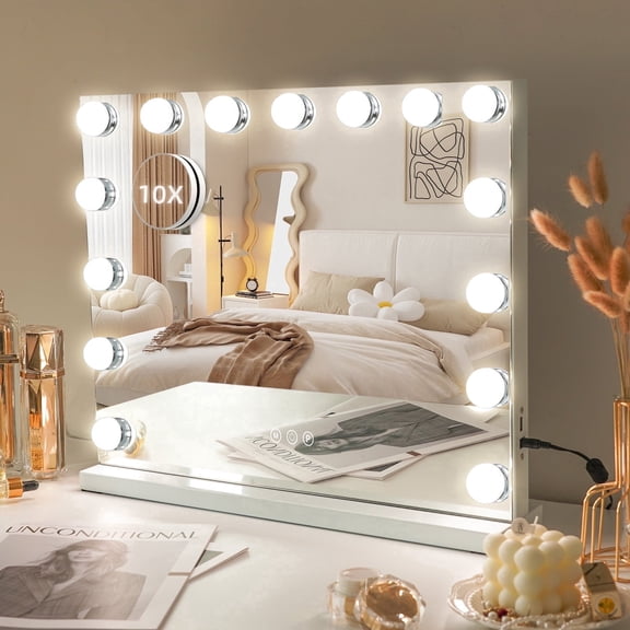 Hollywood Vanity Mirror with Lights 19.6" L x 15.7" W, Lighted Makeup Mirror with 14 Dimmable LED Bulbs, USB Port & Detachable 10X Magnification, 3 Lighting Modes