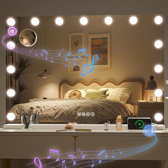 Hollywood Vanity Mirror with Lights and Bluetooth Speaker, 32" x 22" Makeup Mirror with 15 Dimmable LED Bulbs 3 Color Modes, 5X Magnifying Glass, Touch Control, USB and Type-C, Tempered Glass