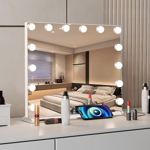 Hollywood Vanity Mirror with Lights, Lighted Makeup Mirror with 14 LED Bulbs, Vanity Makeup Mirrors with Lights for Mother's Day Gift, USB Charging Port Touch Control & 10X Magnification Mirror