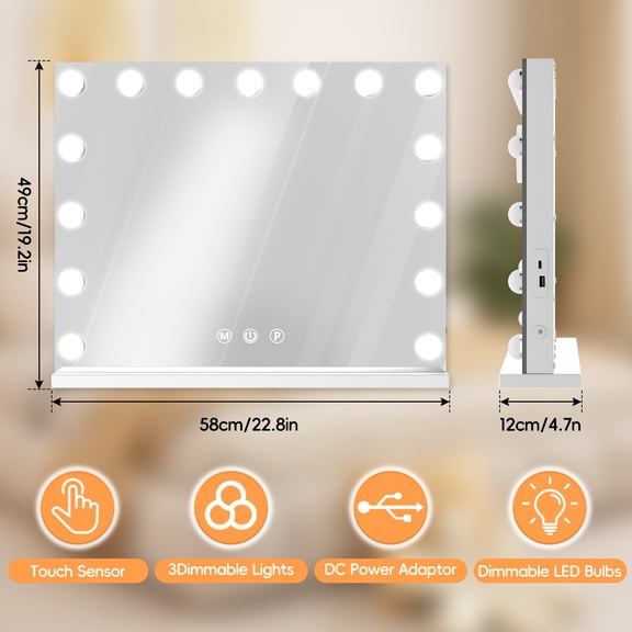 Hollywood Vanity Mirror with Lights, Make Up Lighted Mirror, Wrought Iron Frame, USB Charging Port,Touch Control, Adjustable Brightness, Smart Beauty Mirror(L: 22.83", W: 4.72", H: 19.29")(White)