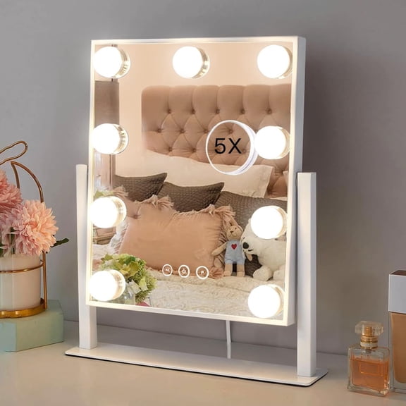 Hollywood Vanity Mirror with Lights, Makeup 9 Dimmable Bulbs Three Color Lighting Modes, and 5X Magnification Mirror, Smart Touch Control, 360Rotation (White)