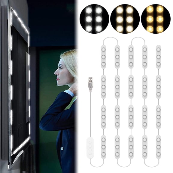 Hollywood Vanity Mirror Lights, USB Powered Dimmable LED Makeup Mirror Light Strip, 3 Color Modes IP65 Waterproof Self-Adhesive Cuttable Mirror Lighting for Bathroom Dressing Cabinet Wardrobe Decor