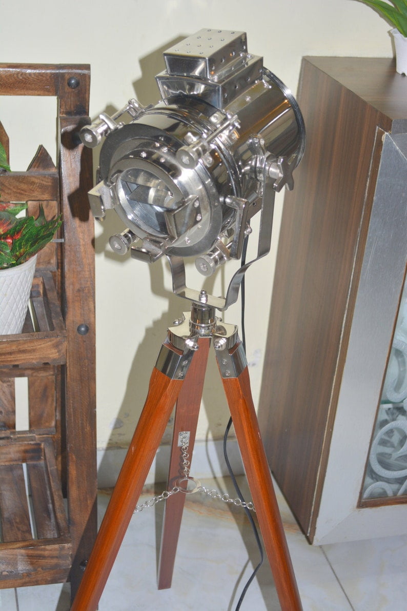 Hollywood chrome searchlight spotlight with medium wooden tripod floor lamp lighting for home, office, living room