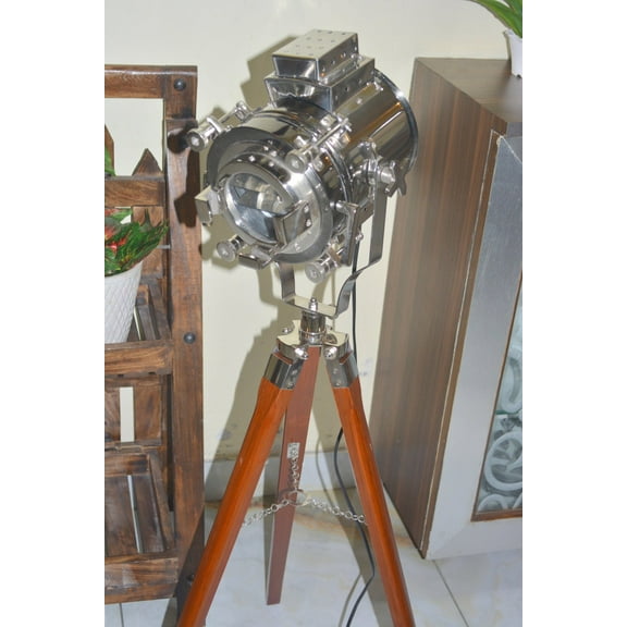 Hollywood chrome searchlight spotlight with medium wooden tripod floor lamp lighting for home, office, living room