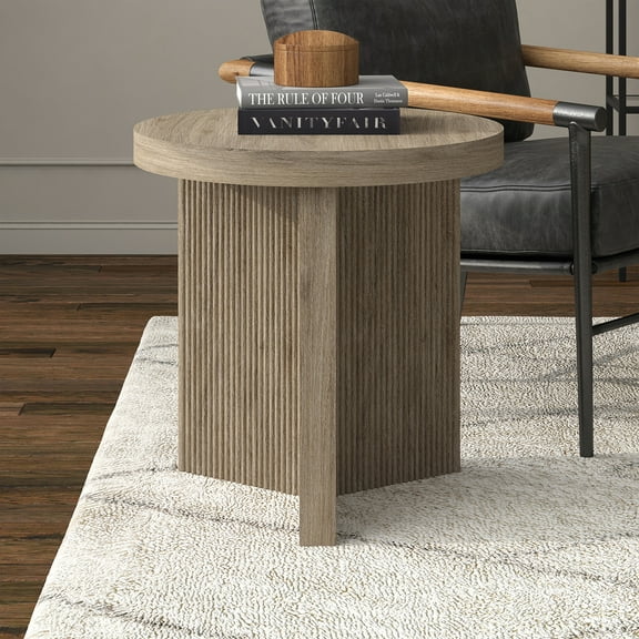 Holm 22" Wide Round Fluted Side Table in Antiqued Gray Oak