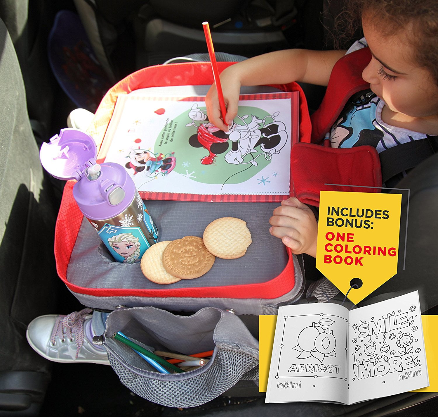 Holm Kids Travel Tray with Zipper & Expandable Storage Pocket for Car & Airplane, Waterproof
