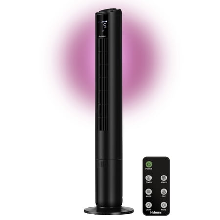 Holmes 42” Tower Fan, Oscillating, RGB Accent Light, 5-Speed, LCD, Remote, Black