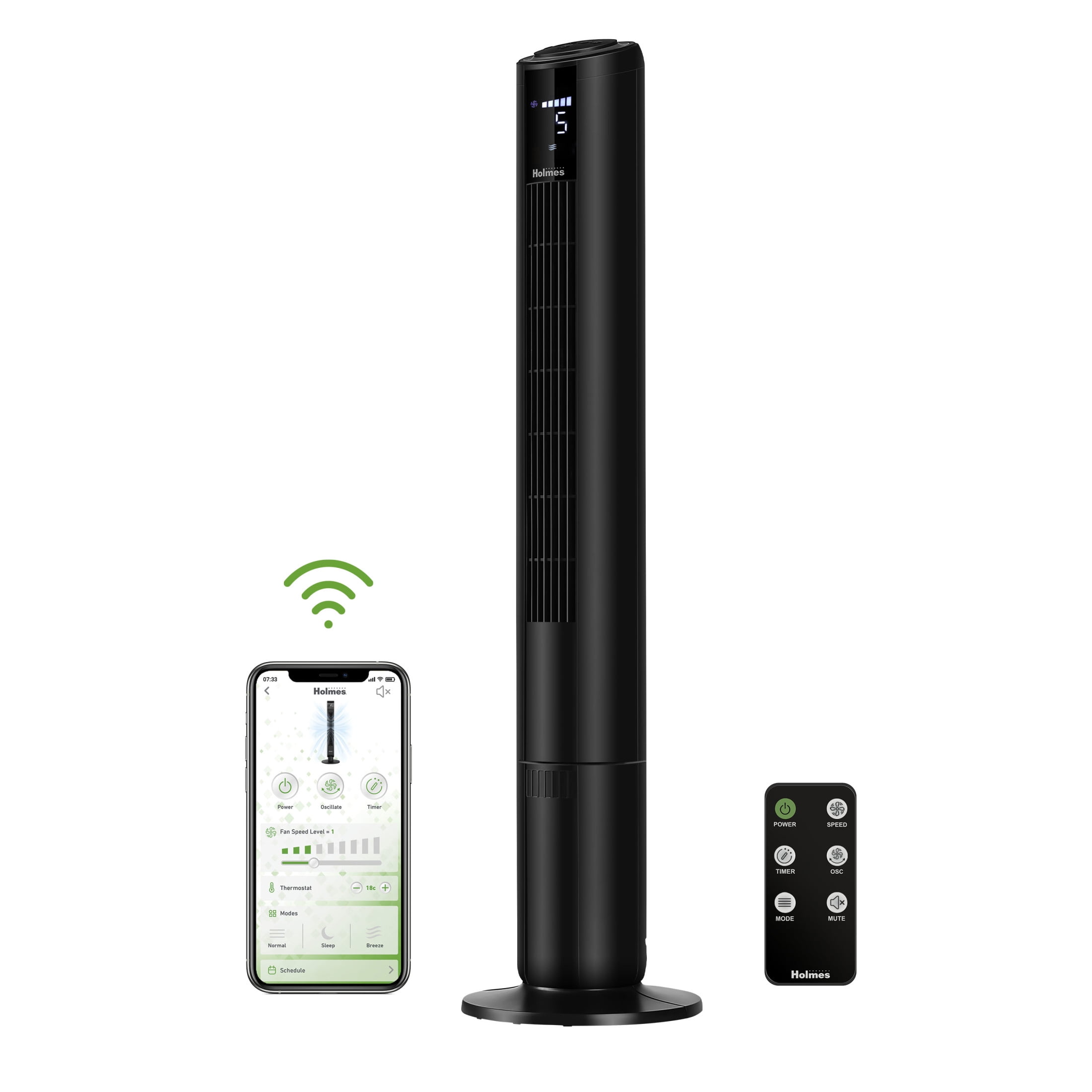 Holmes 42 SmartConnect Wi-Fi Tower Fan, 5-Speed, Oscillating, LCD, Remote, Black