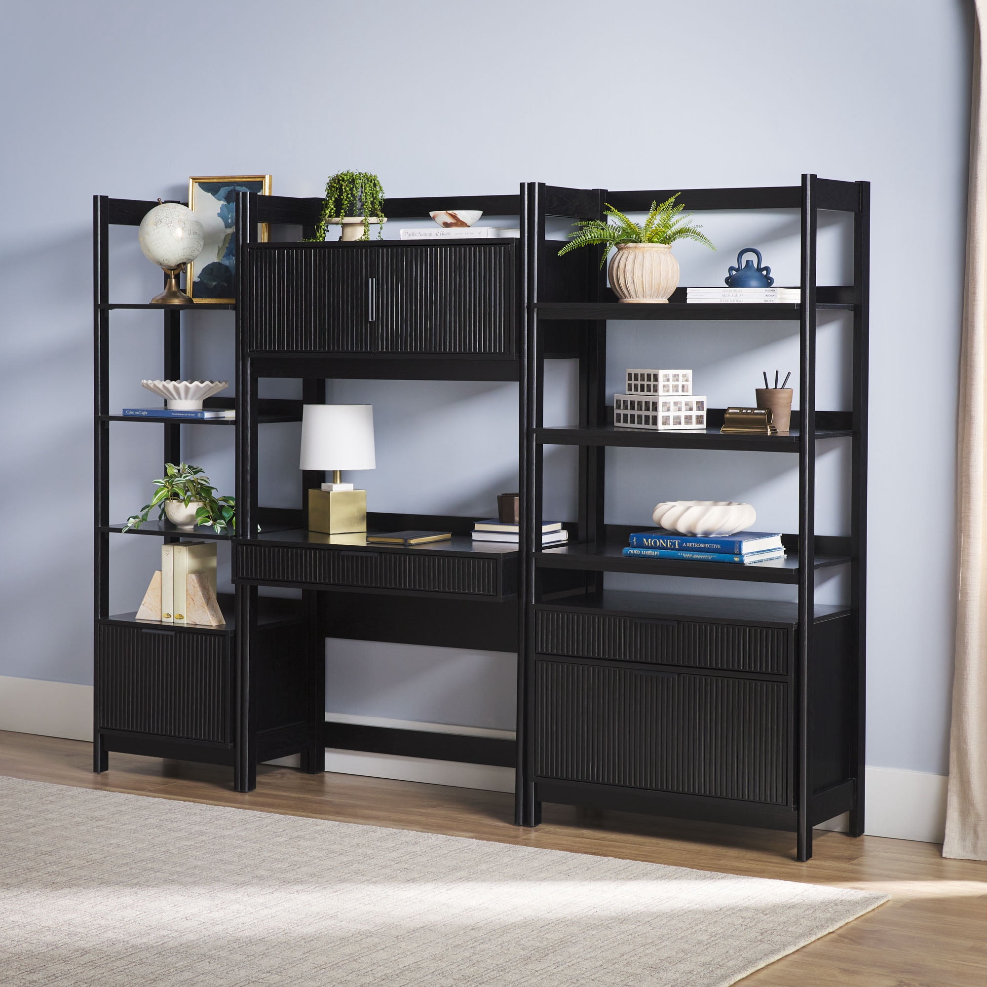 Holmes Hutch Desk with Narrow and Wide Bookcase - Black