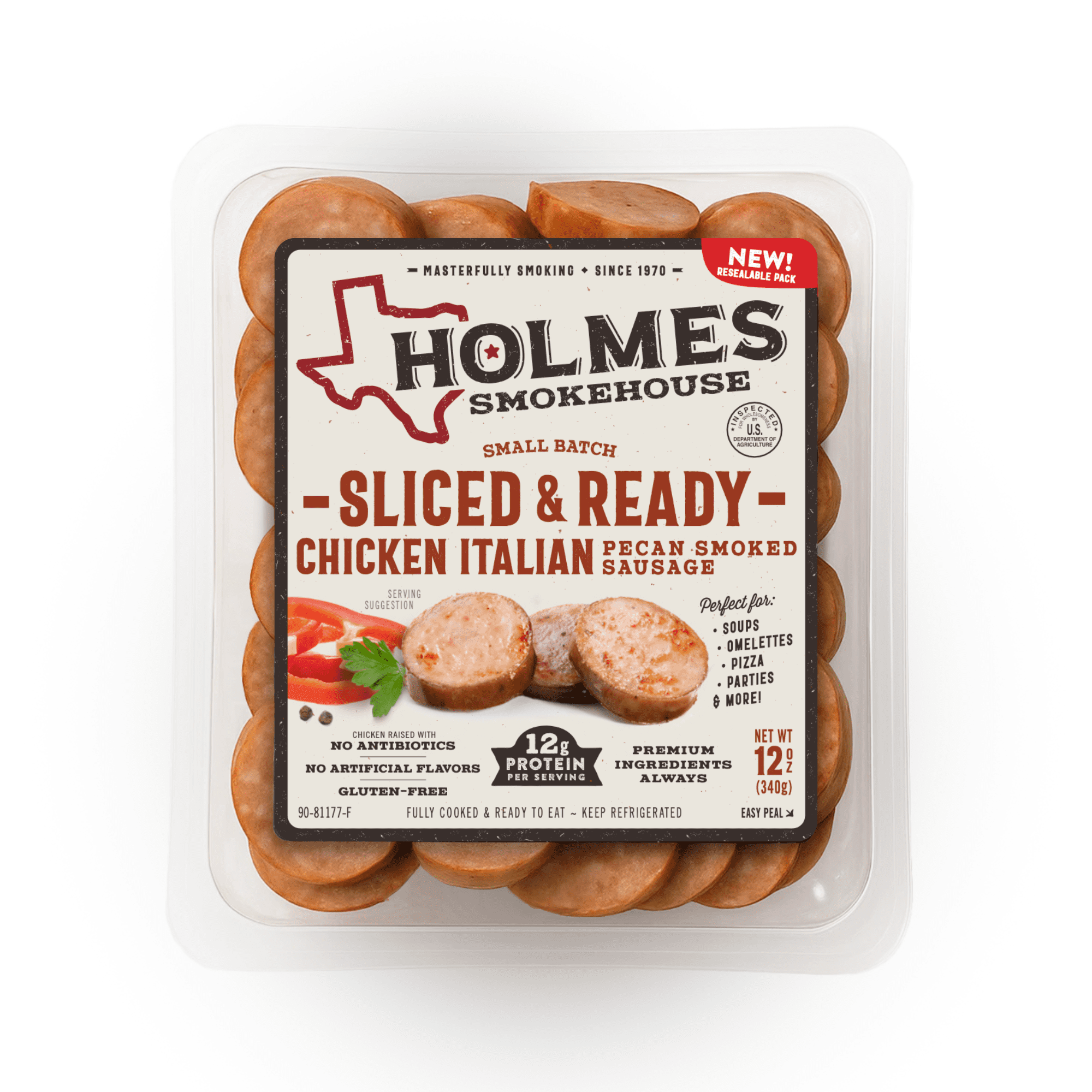 Holmes Smokehouse Chicken Italian Sliced Sausage, 12 Ounces, Fully Cooked, Gluten Free, Refrigerated, Vacuum Sealed