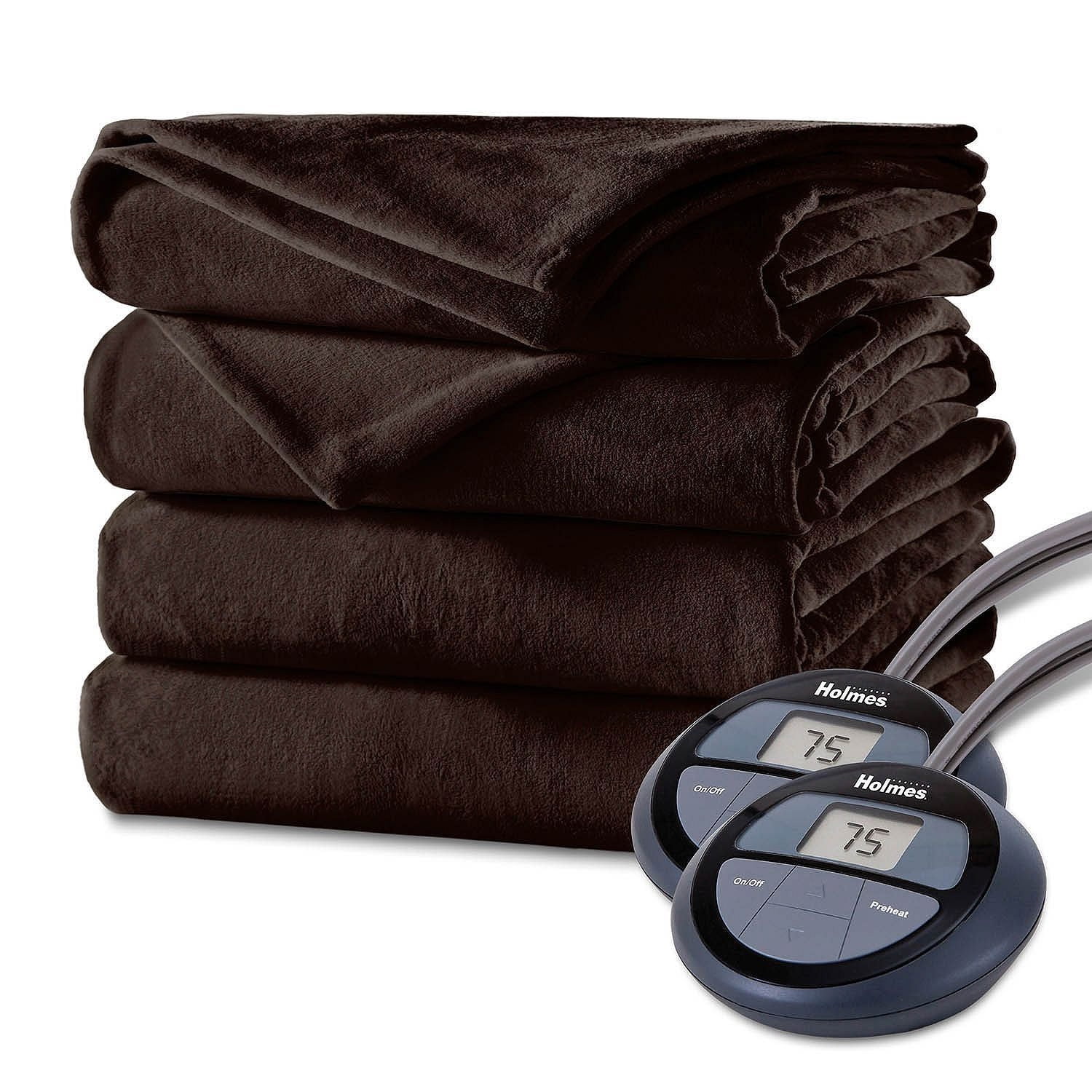 Holmes Velvet Plush Electric Heated Blanket King Size Walnut Brown