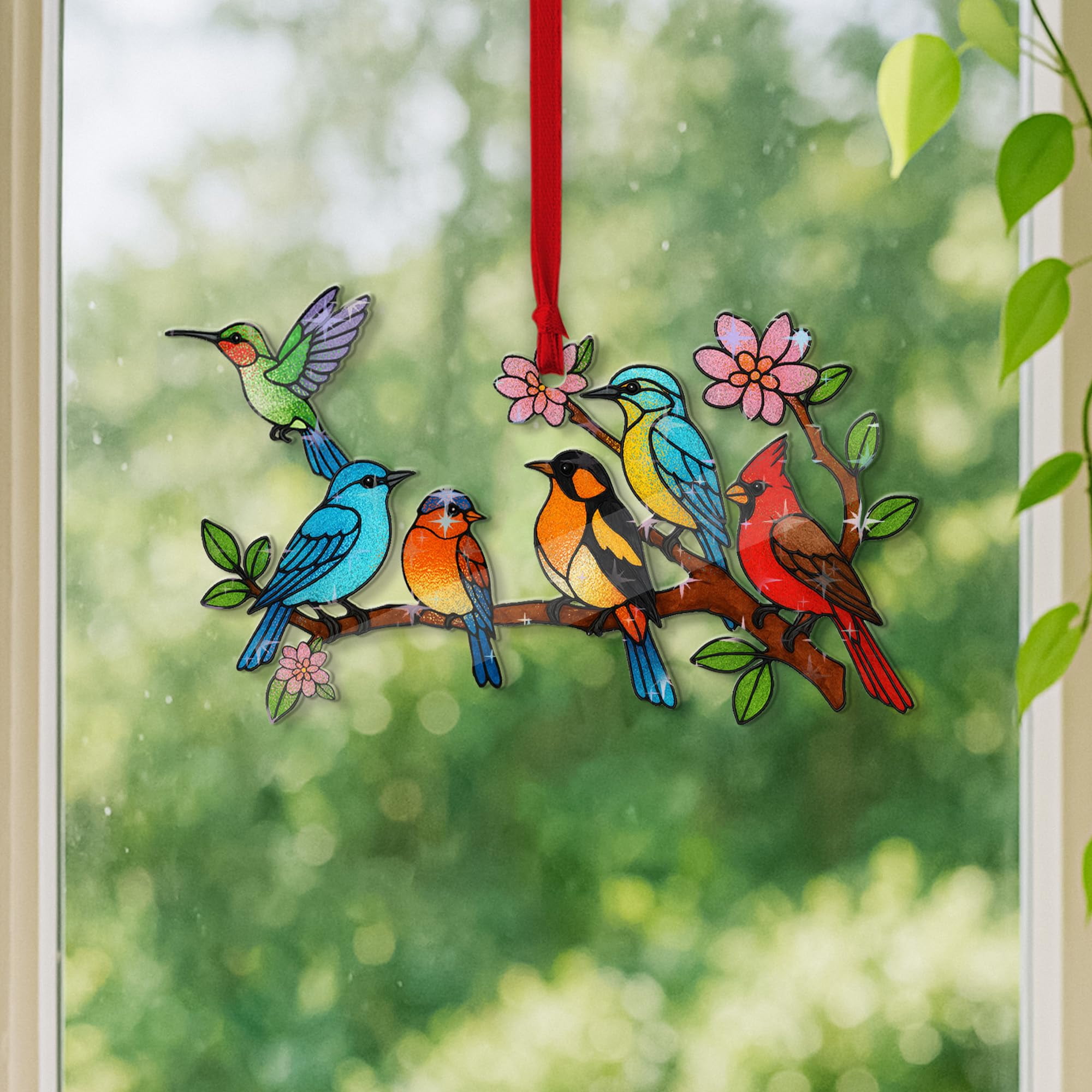 Hologram Bird On Branch Ornament Colorful Stained Glass Style Hanging Decoration for Christmas Tree, Window or Garden – Decorative Acrylic Birds Ornament Gift for Bird Lovers