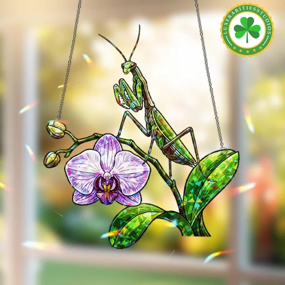Hologram Praying Mantis Acrylic Suncatcher Orchid Floral Window Hanging Home Decor Gift