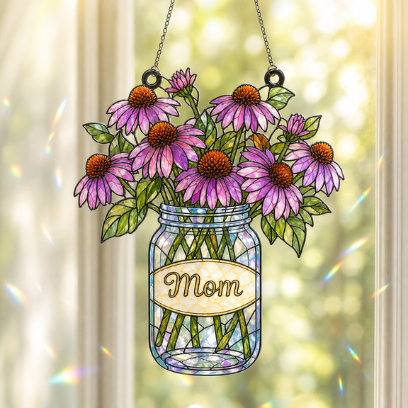 Holographic Acrylic Window Ornament Coneflower Mason Jar Mom Sun Catcher Gift