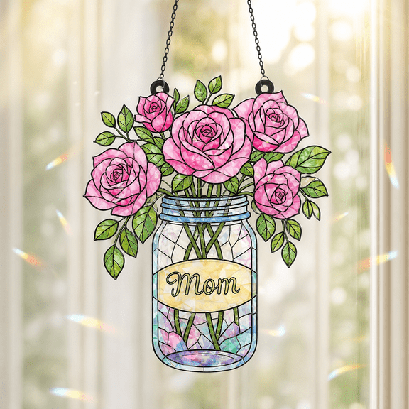 Holographic Acrylic Window Ornament Pink Rose Mason Jar Suncatcher for Mom Gift