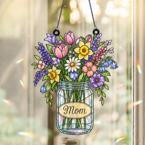 Holographic Acrylic Window Ornament Spring Flowers Mason Jar Suncatcher for Mom