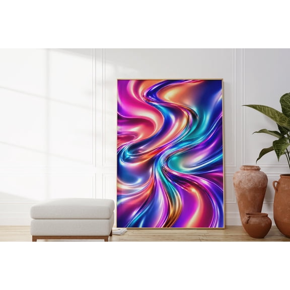 Holographic Art Liquid Chrome 3D Rainbow Fluid Poster , Poster Print Only