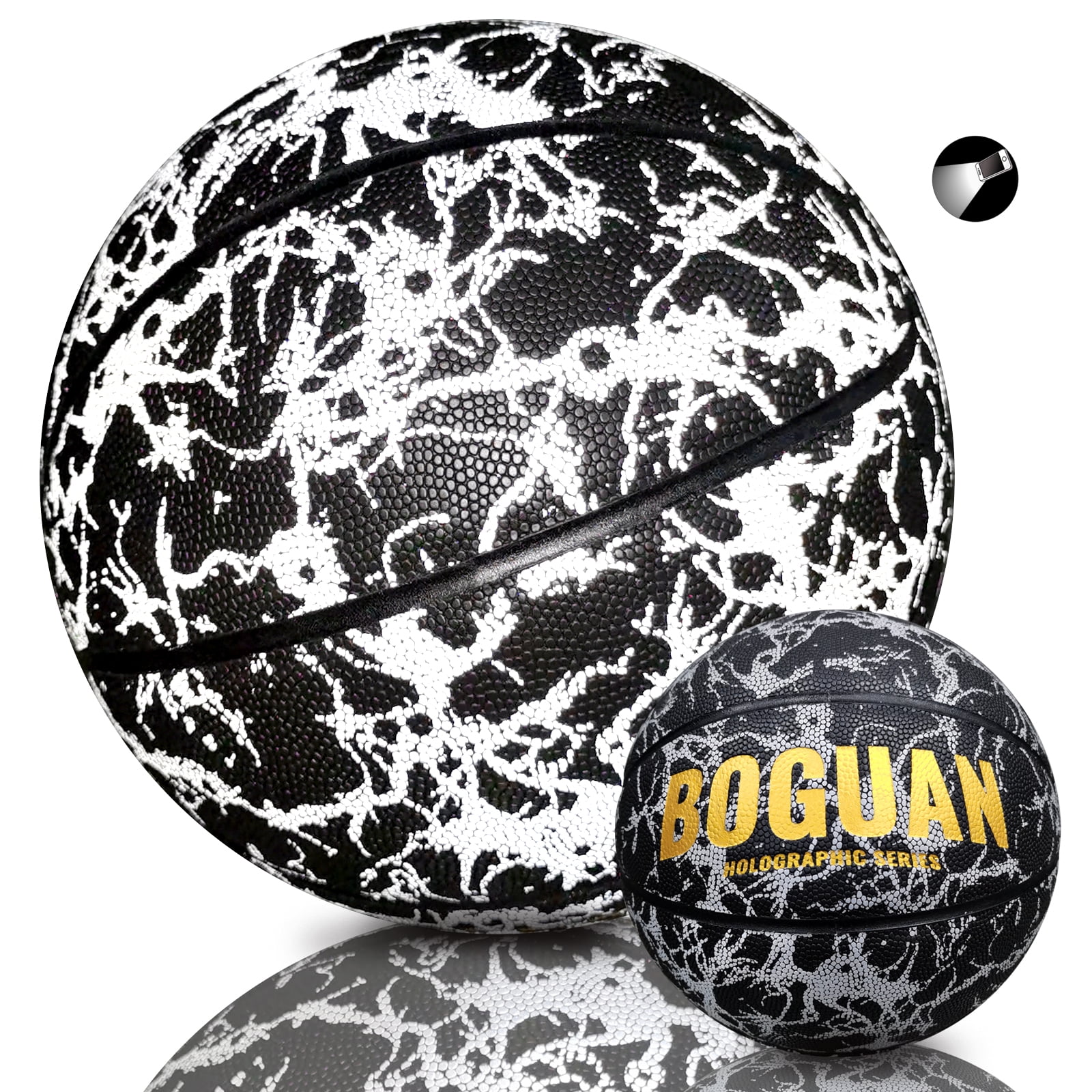 Holographic Basketball Official Youth Size 5 - Extra Pump  - Glow in The Dark Ball - Reflective Glowing PU Leather-Indoor and Outdoor Training Ball-Perfect Gifts for Kids,Boys & Girls