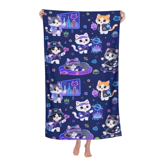 Holographic Billboard Neon City Cat Soft Bath Towels Absorbent Bathroom Towel for Beach Hotel Gym Spa Shower