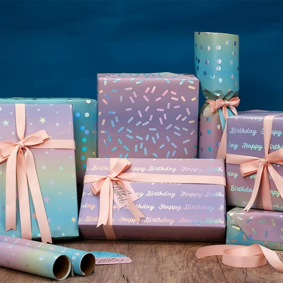 Holographic Birthday Wrapping Paper Roll, Iridescent Shiny Rainbow Foil Gift Wrap With Dots, Confetti And Happy Birthday Lettering For Kids And Girls.