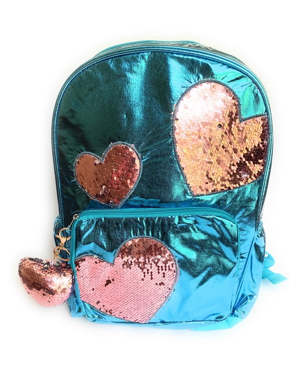 Holographic Blue Backpack with Flippy Sequin Hearts and Bonus Zipper Pull