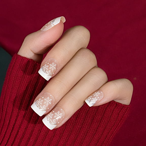 Holographic Butterfly Designed Press On Nails Short Length Nude White French Tip Fake Nails Set Full Cover Natural Acrylic Fingernails Daily Office Wear