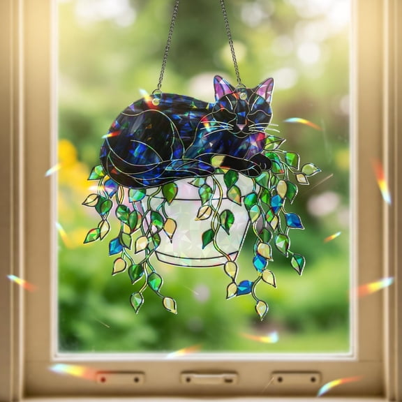Holographic Cat Suncatcher, Black Cat in Hanging Pot, Acrylic Window Decor with Trailing Vines, Cottagecore Plant Lover Gift
