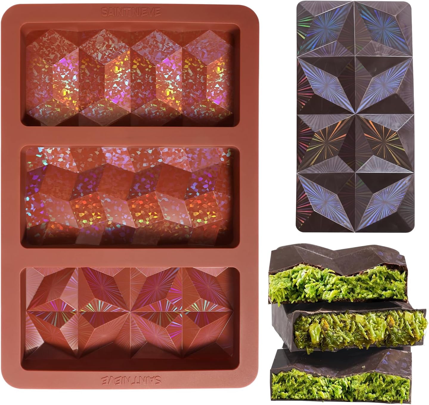 Holographic Chocolate Bar Mold, Large Thick 3-Cavity Silicone Mold for Chocolate Bars, Geometric Design, Food-Grade Non-Stick Mold for DIY Baking, Candy, and Wax Making