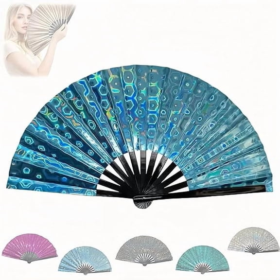Holographic Clack Fan, Diamond Green Laser Color Popping Hand Fan for Line Dancing, Rave Festival Prop(Random colors)