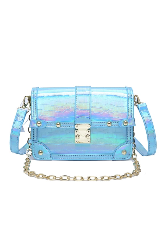 Holographic Crocodile Crossbody Bag for Women, Stylish Studded PU Shoulder Bag - Lock Closure Chain Small Square Bag for Daily Street Fashion