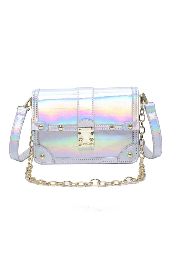 Holographic Crocodile Crossbody Bag for Women, Stylish Studded PU Shoulder Bag - Lock Closure Chain Small Square Bag for Daily Street Fashion