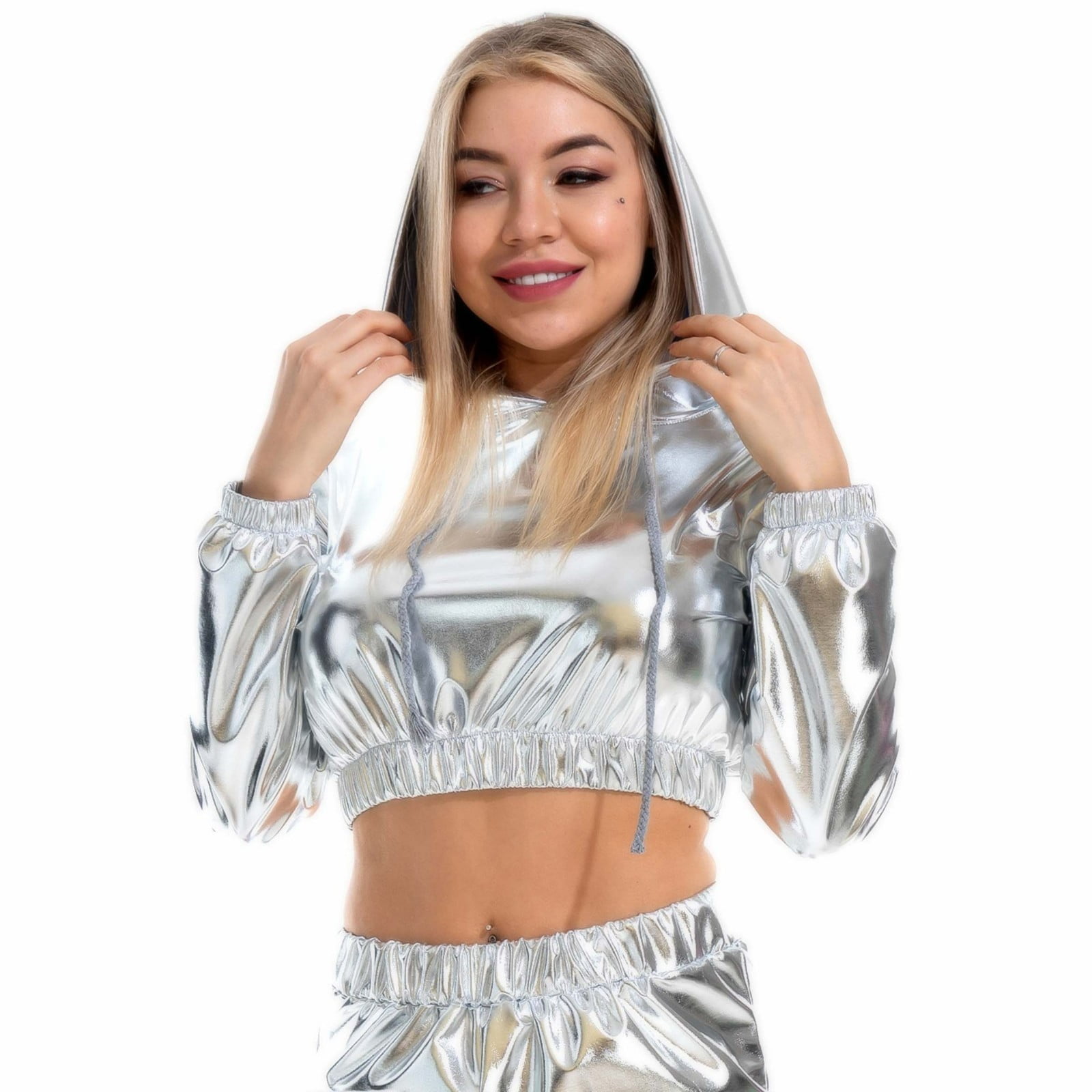 Holographic Crop Hoodies Shiny Metallic Top Rave Outfits For Women Teen Girls Fashion Y2k Top Street Clubwear (Large, Silver)