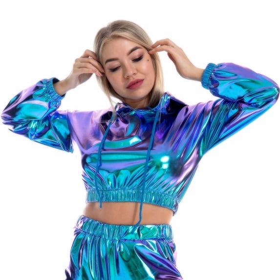 Holographic Crop Hoodies Shiny Metallic Top Rave Outfits For Women Teen Girls Fashion Y2k Top Street Clubwear (Small, Blue)