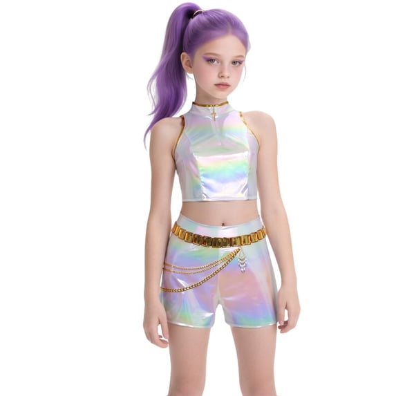 Holographic Crop Top and Shorts Set Accessory Bundle for Halloween Cosplay Costume Set with Pop Singer Skirt Outfit for Halloween Stage Performance Dress‑Up 110