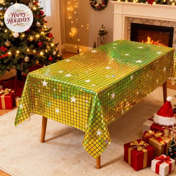 Holographic Disco Star Tablecloth, Indoor Outdoor Christmas Xmas Decorations, Shiny Plastic Table Cover Decor for New Year Dinner Party Home Decor