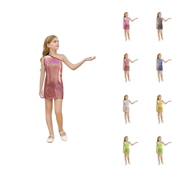 Holographic Dot Sequin Party Dress – Round Neck Off-Shoulder Mini Gown, Edgy Festival Wear Ages 3-16, Futuristic Look Beyond Pink Dress for Girls Norms