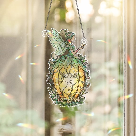 Holographic Fairy Pumpkin Window Hanging Autumn Fairy on Pumpkin Sun Catcher, Halloween Prism Decor, Fall Fairy Suncatcher