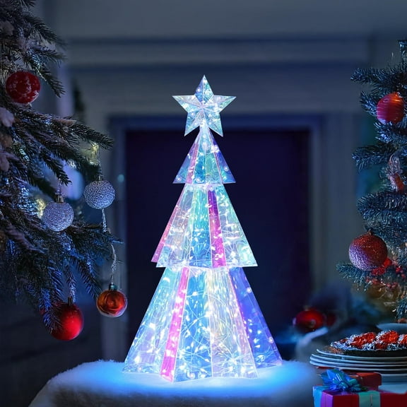 Holographic Festive Tree Gift for Kids Girls Families Indoor Decorations, 15 Inch Desktop Decoration Tree with LED Lights, Prismatic Iridescent Festive Tree